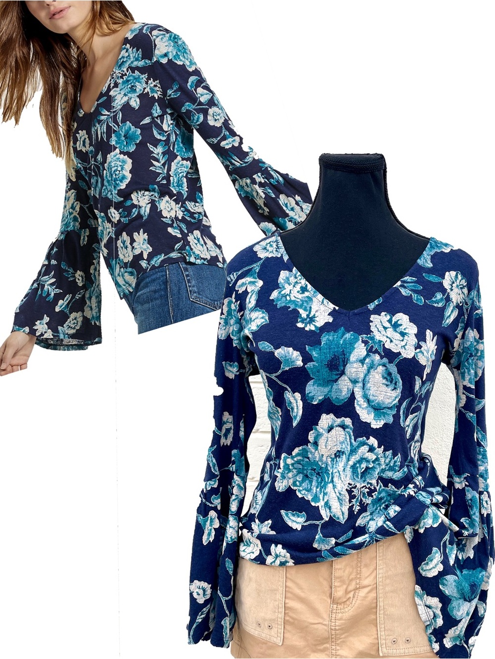 Lucky Bell Sleeve Blue Floral Fairy Top Small